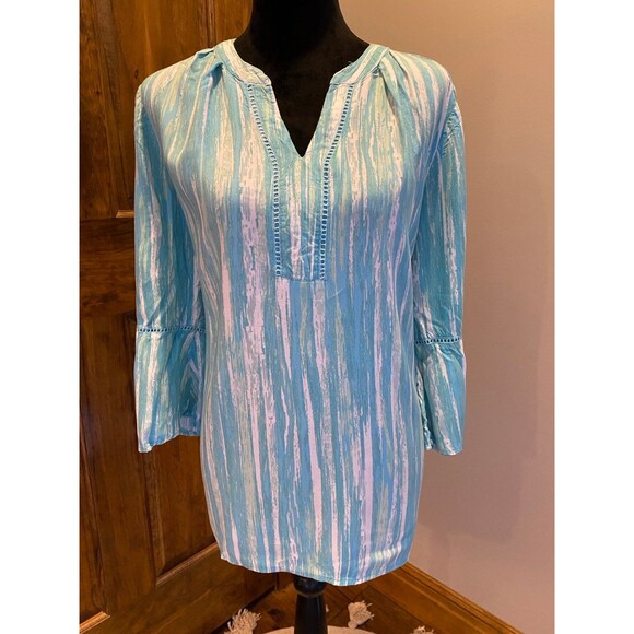 Gloria Vanderbilt Green & White Large Striped  Boho Peasant  Bell Sleeve Blouse - Picture 1 of 11
